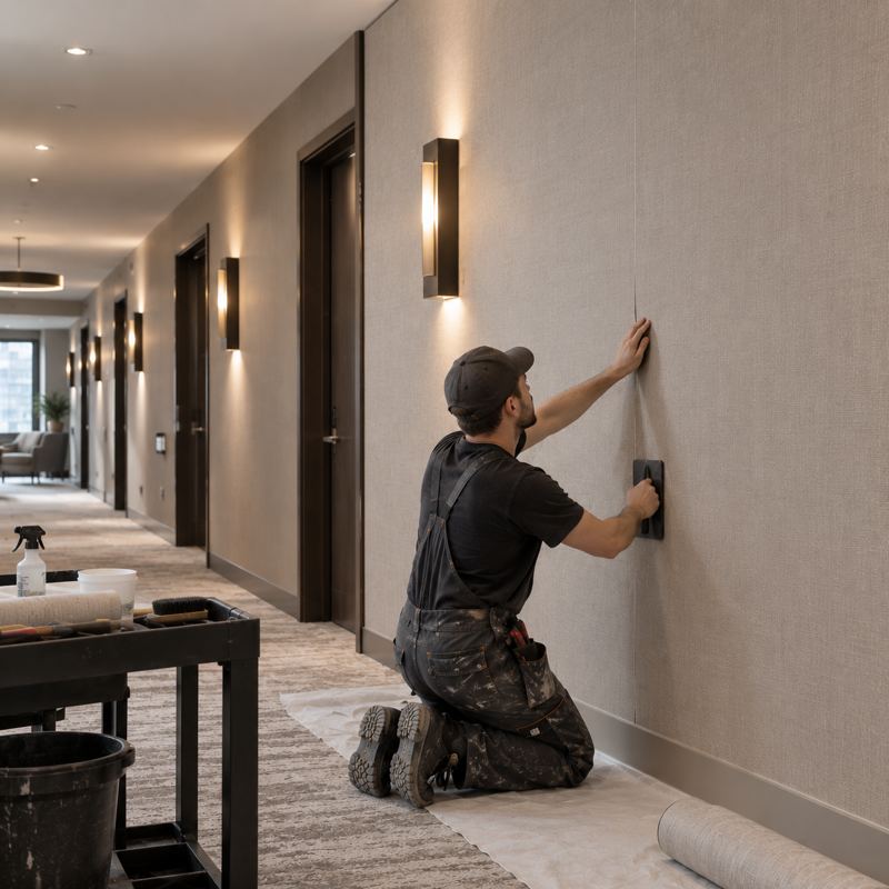 Installer smoothing a textured wallcovering seam in a hotel corridor