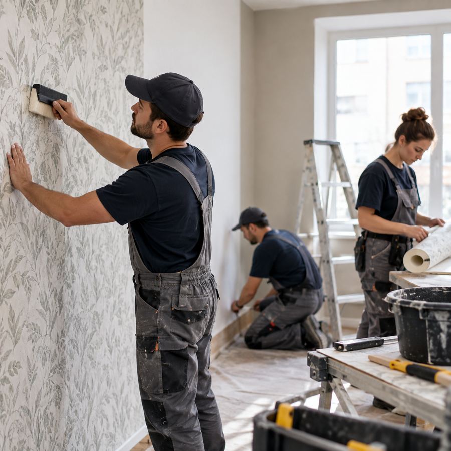 Crew of three installers hanging wallpaper in a large renovated room