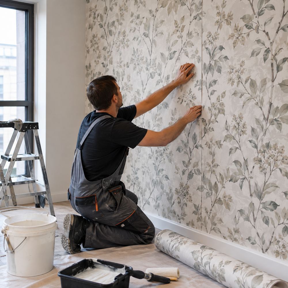 Installer smoothing a seam on botanical wallpaper in a Georgia home