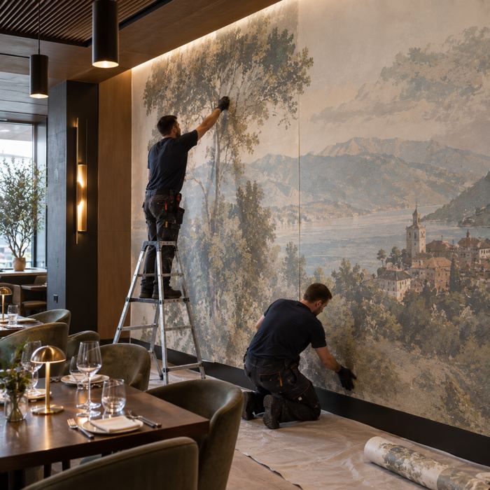 Two installers hanging a panoramic lake-landscape mural in a restaurant