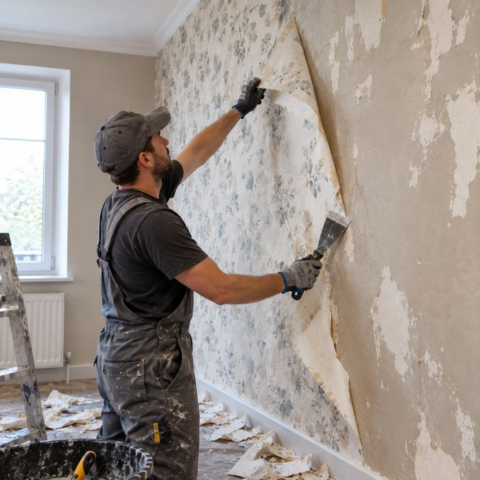 Installer peeling old floral wallpaper off a wall with a scraper