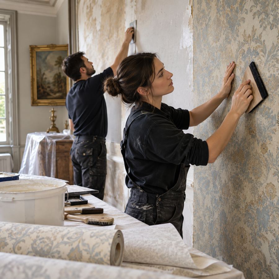 Installers restoring damask wallpaper on old plaster walls in a historic room