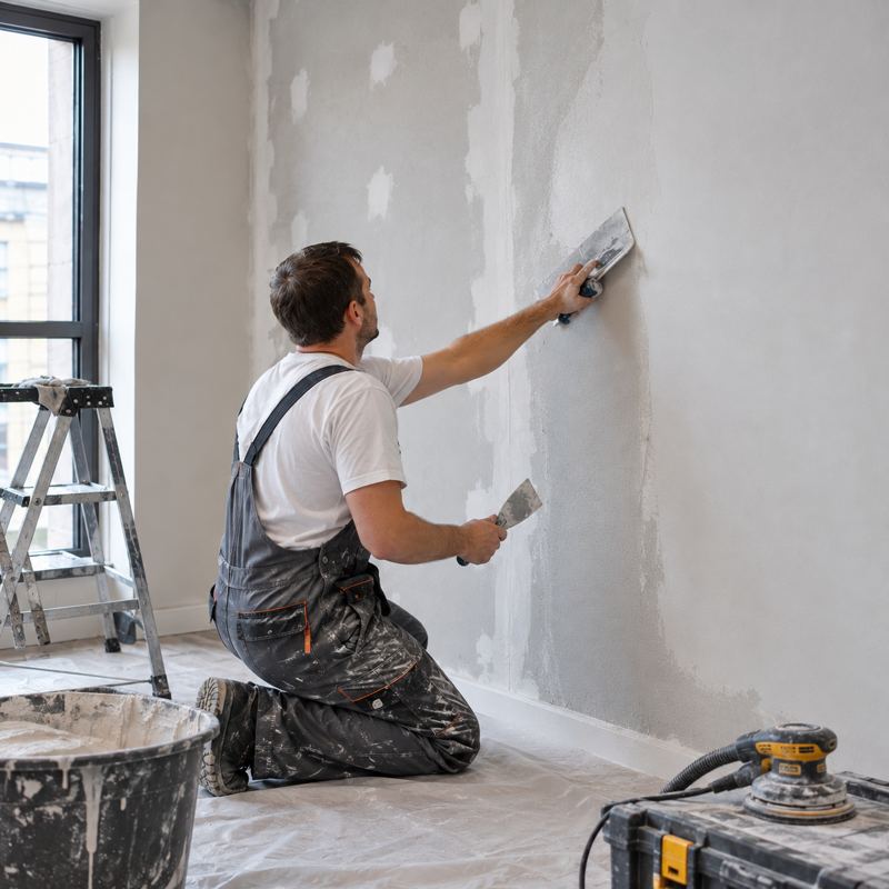 Installer skim coating a patched wall with a trowel, sander and mud bucket nearby